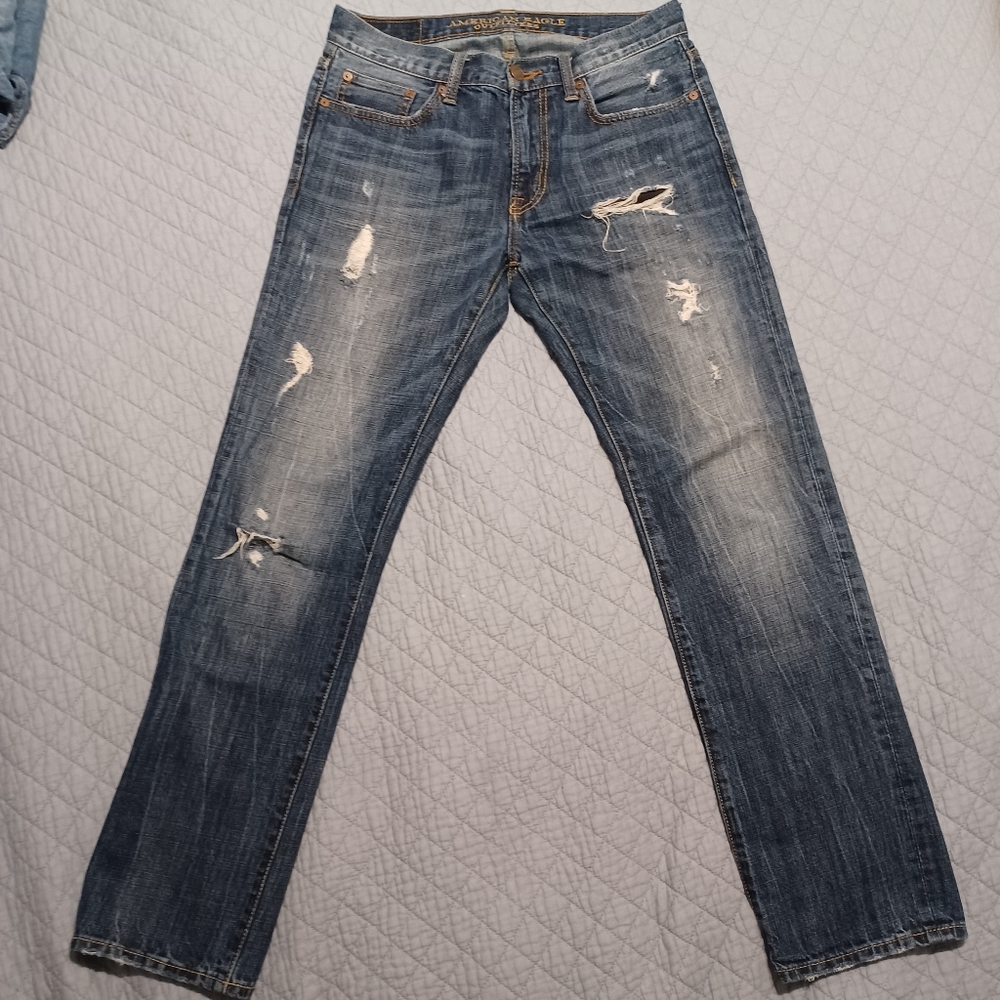 American Eagle men's jeans 29x32 factory distressed slim straight 100% cotton - Picture 1 of 7